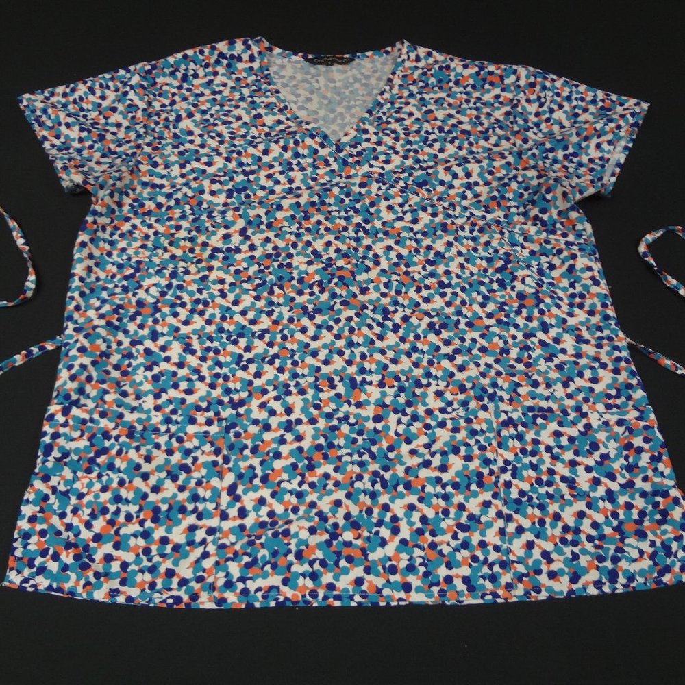 CASSANDRA O WHITE ORANGE BLUE POLKADOTS LARGE WOMENS SCRUB TOP T-SHIRT H991
